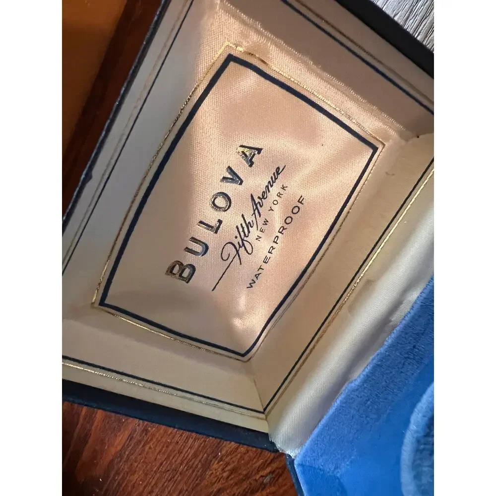 Vintage Bulova Fifth Avenue New York Blue Velvet Watch Box Empty Display Case